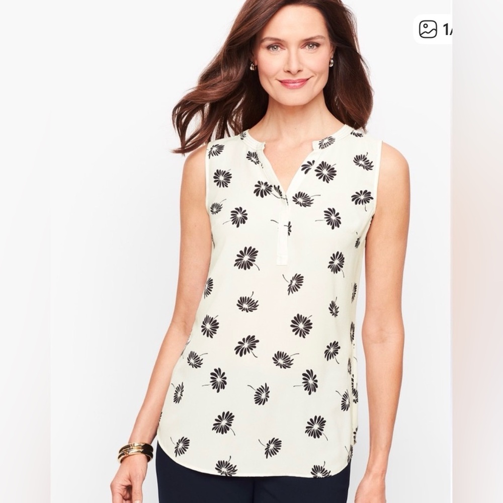 Talbots White and Black Floral Blouse